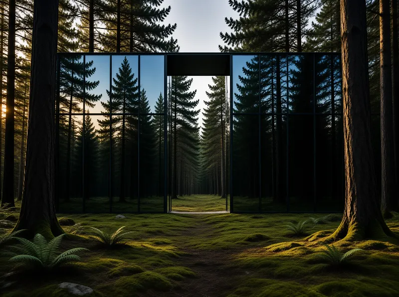 A minimalist glass wall stands in mossy pine forest at dusk, its panels reflect tall evergreens while a path leads through its open center.