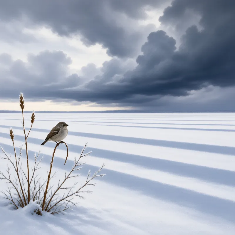 A small bird sits on a dried plant stalk amidst a wide expanse of snow under a heavy cloudy sky.