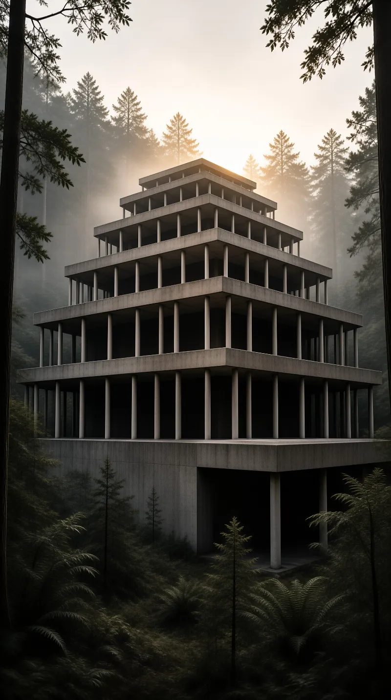 A tiered brutalist concrete structure stands among tall evergreen trees under soft hazy sunlight.