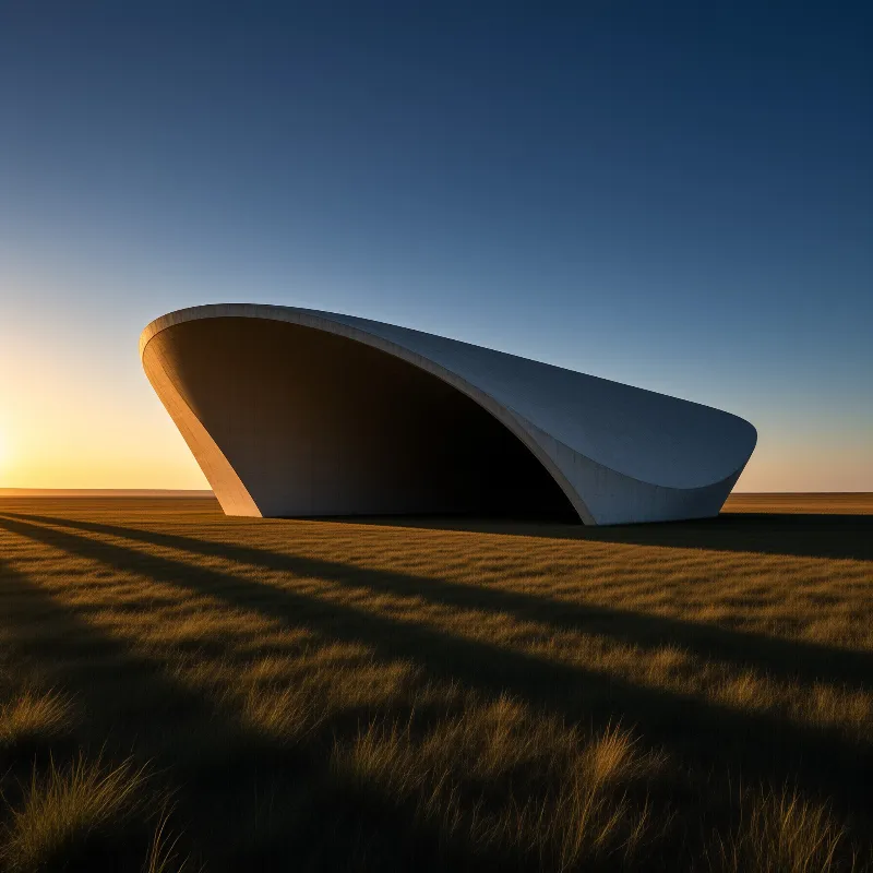 A sweeping curved concrete shell stands alone on a grass field as the low sun casts long shadows at dusk