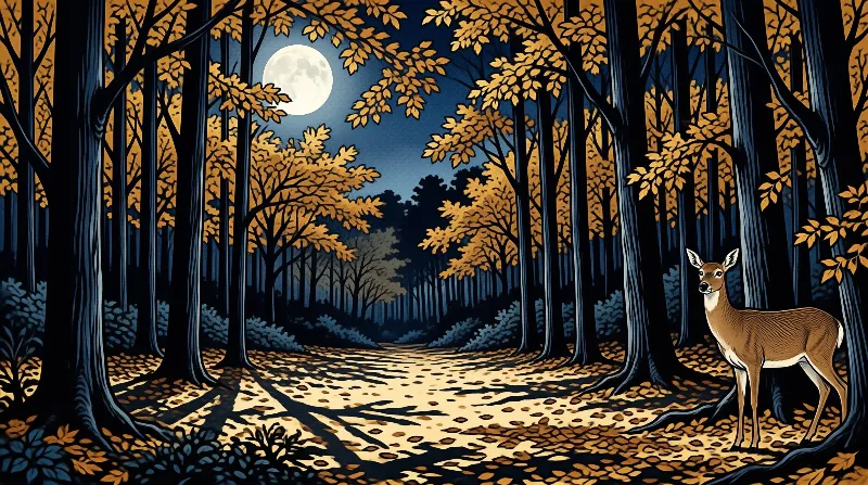 A brown deer stands on a leaf-covered forest path under a bright moon surrounded by tall autumn trees.