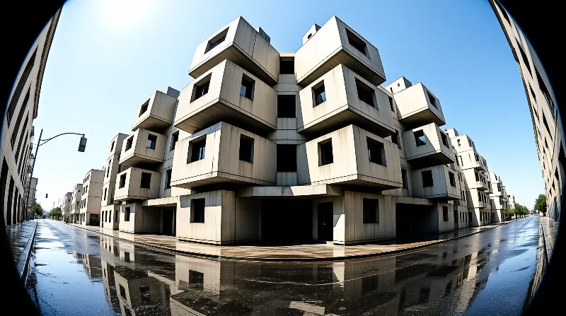 Wide-angle view of a geometric structure of stacked concrete blocks on a wet street corner under a bright blue sky.