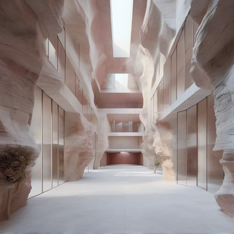 A corridor featuring undulating beige walls, glass panels, and light entering through rectangular skylights.