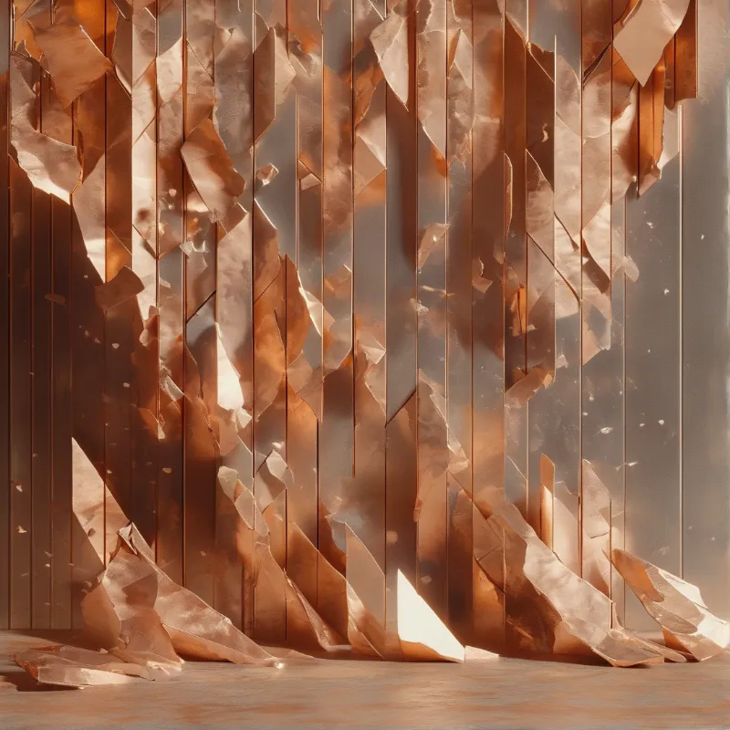 Jagged torn copper foil strips hang vertically from a warm backlit wall, their crumpled edges glowing in amber light.