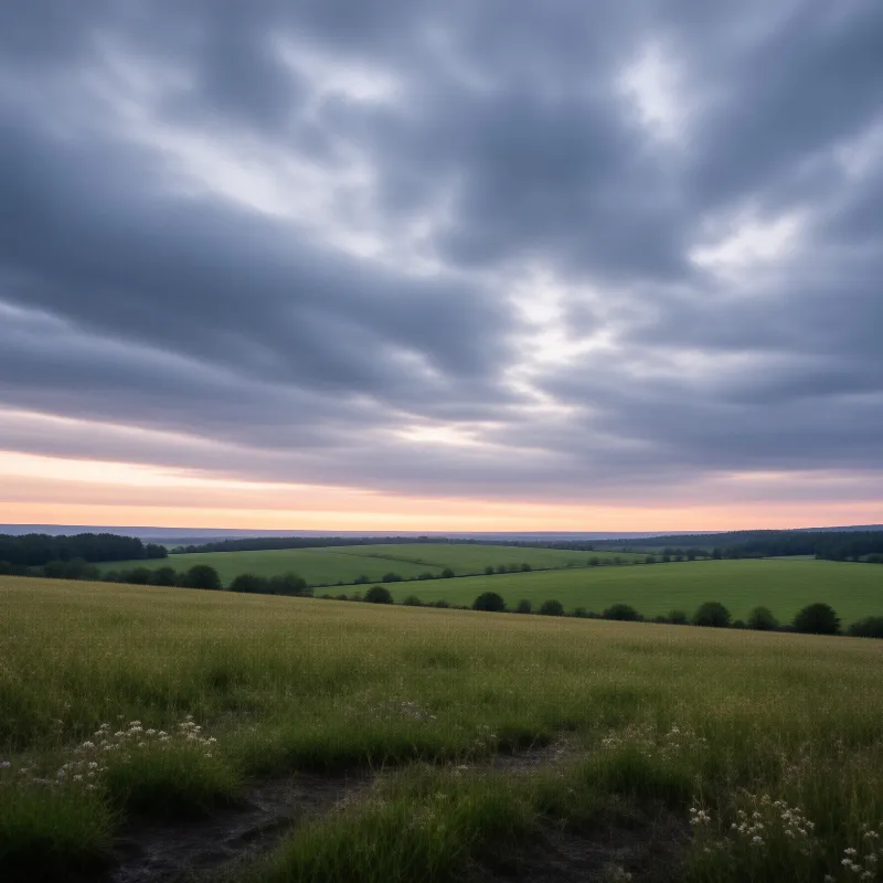 Patchwork green fields roll toward a low band of amber sunset light under a broad blanket of clouds.