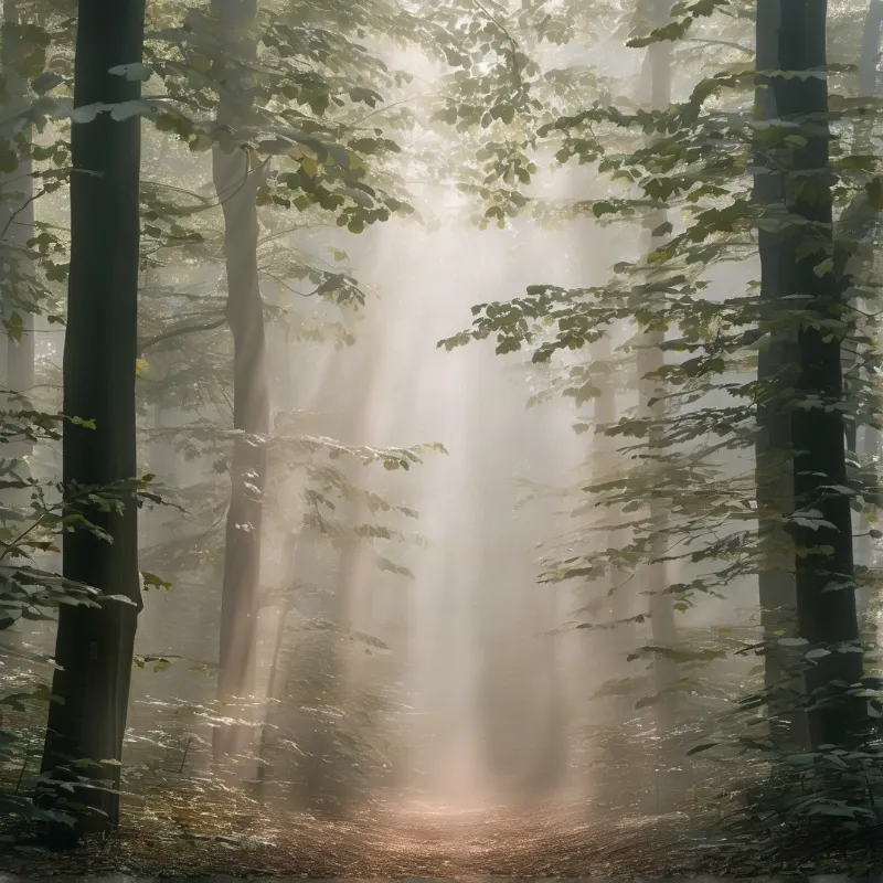 Sunbeams shine through the leaves of tall trees in a foggy woodland area
