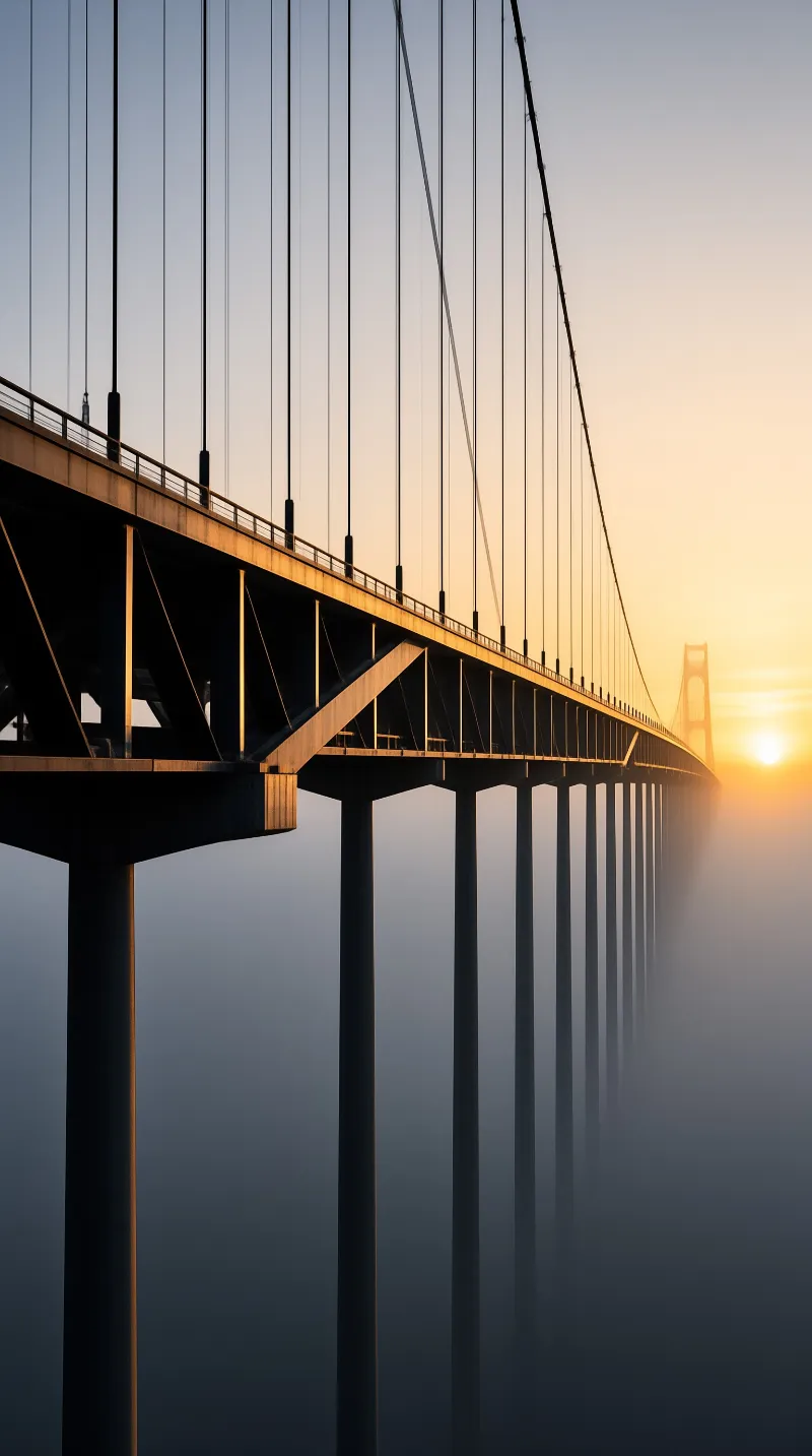 A steel suspension bridge stretches diagonally through thick fog while a bright sun rises on the right horizon.