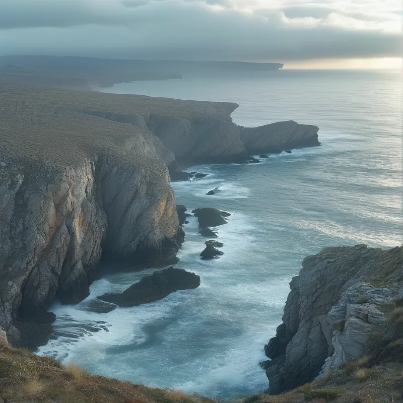 A view of rugged sea cliffs meeting the ocean with waves crashing against scattered rocks under a cloudy sky.