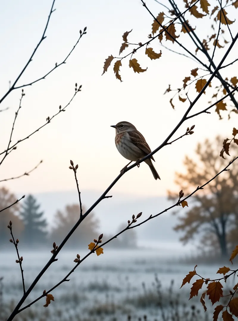 A streaked brown bird perches on a slender diagonal branch amidst dry orange leaves and dark buds as heavy morning mist blankets the background trees and water beneath a pale overcast sky.