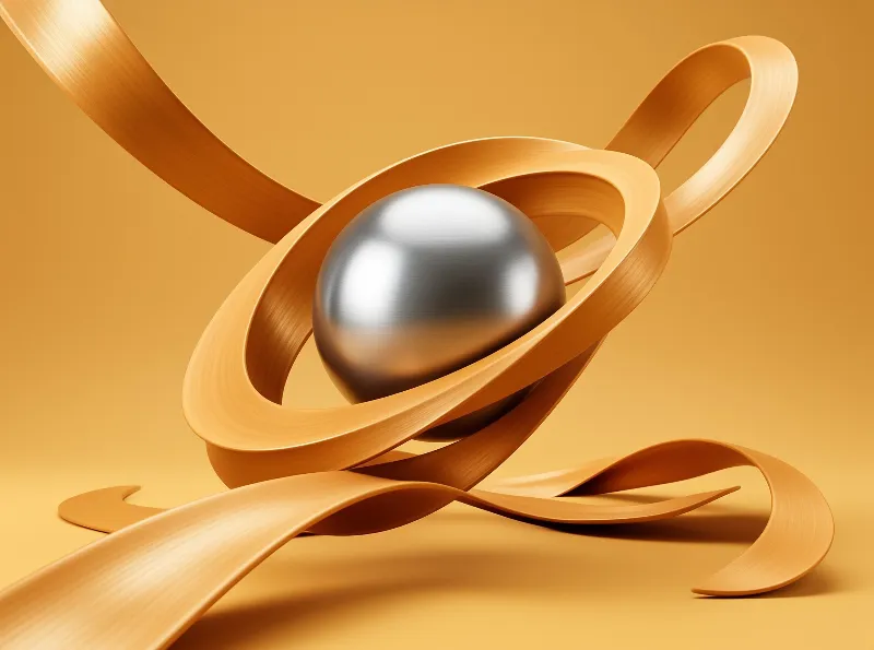 A smooth gray metal ball sits inside curling wooden bands that twist around it against a warm orange background.