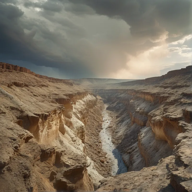 A vast arid gorge carved into pale rock, its winding floor lit by sunbeams breaking through heavy grey storm clouds