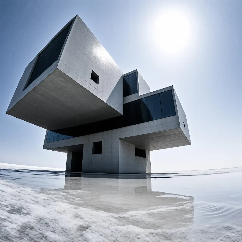 A geometric concrete building with dark glass stands in shallow water on a vast salt flat under a clear blue sky.