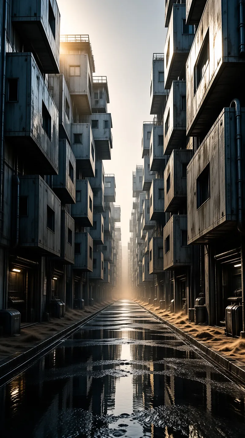 Sunlight illuminates a wet street between towering stacked buildings, reflecting light and casting long shadows