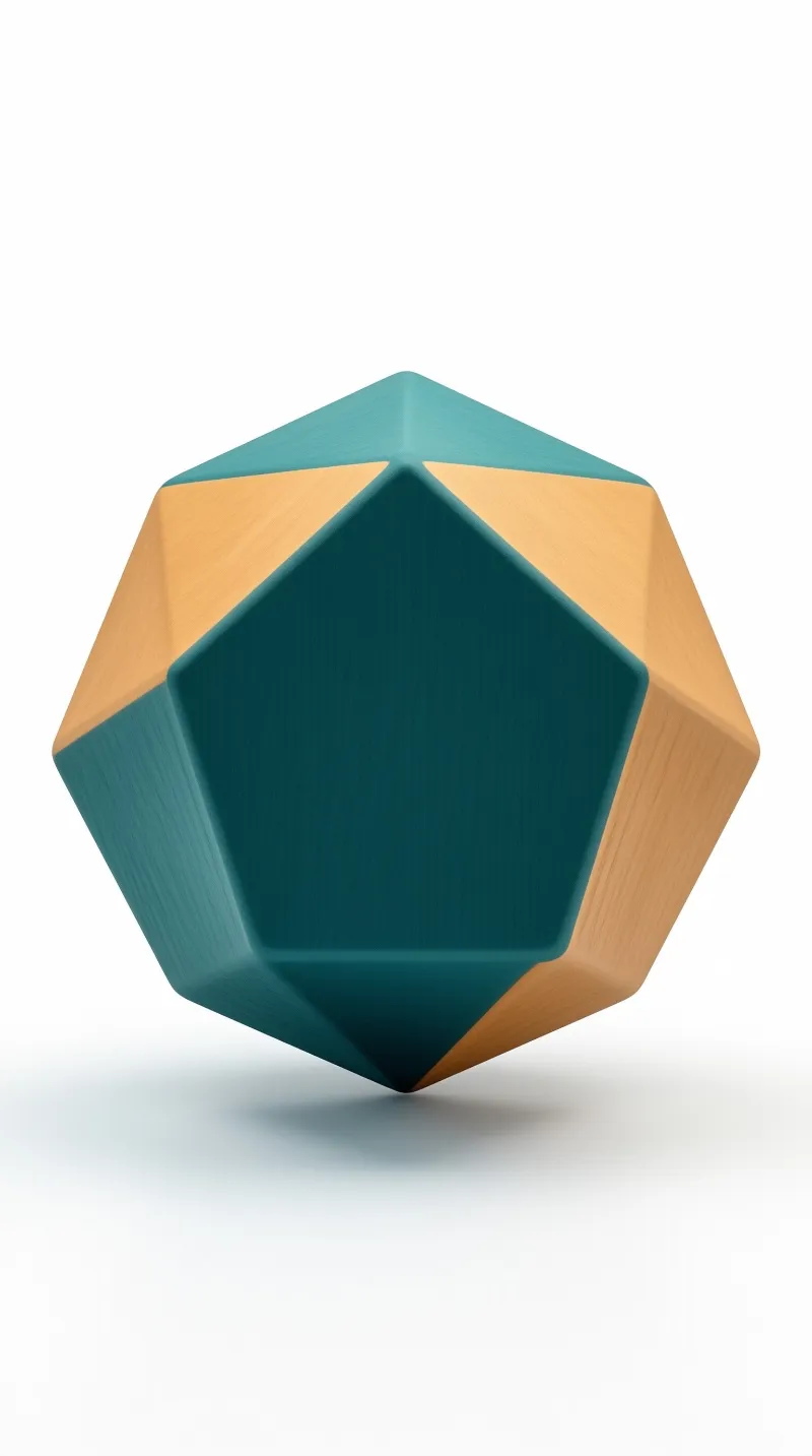 Low poly geometric shape with teal and orange facets floating on a white surface with a soft drop shadow below.