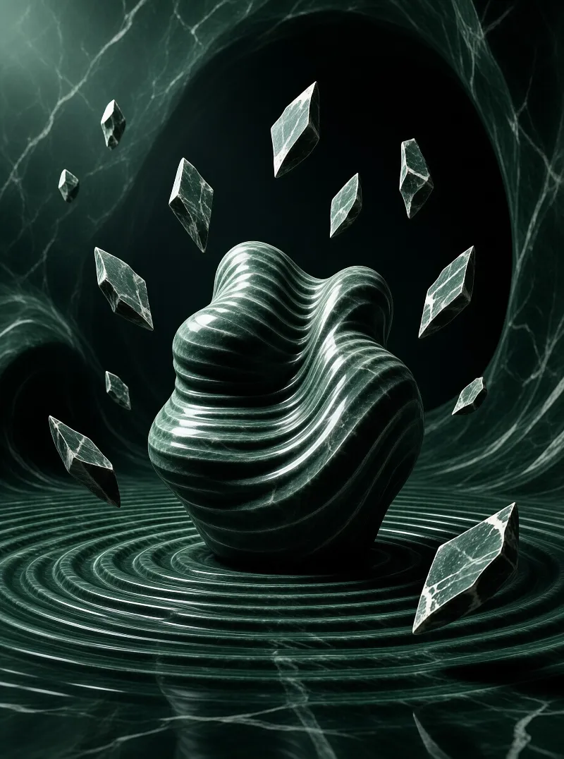 A glossy green abstract shape hovers above concentric ripples while angular fragments float around it in a dark void.