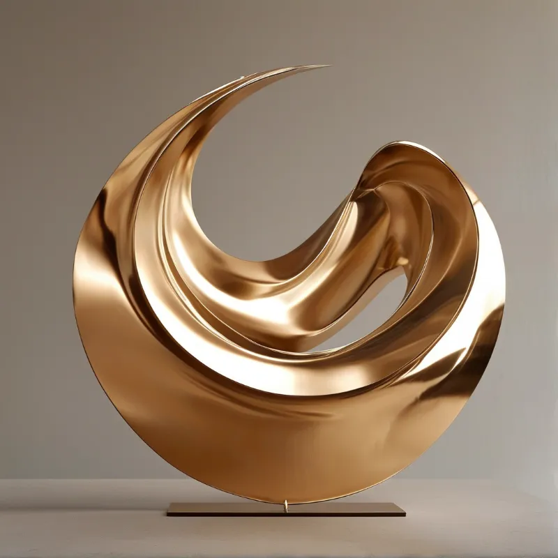 A sweeping copper gold ribbon curves into a crescent shape, its mirror surface reflecting a plain grey backdrop