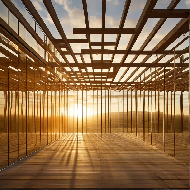An unfinished wooden structure opens to a horizon where golden sunlight streams between vertical studs onto the floor.