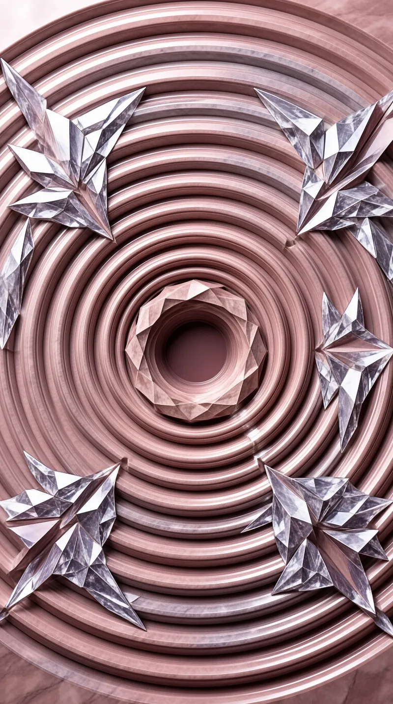 Mauve concentric rings spiral inward around silver faceted star shapes creating a deep geometric tunnel effect