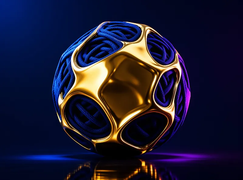 A 3D sculpture of cobalt cord woven into a ball, partly sheathed in glossy gold plates on a dark reflective floor.