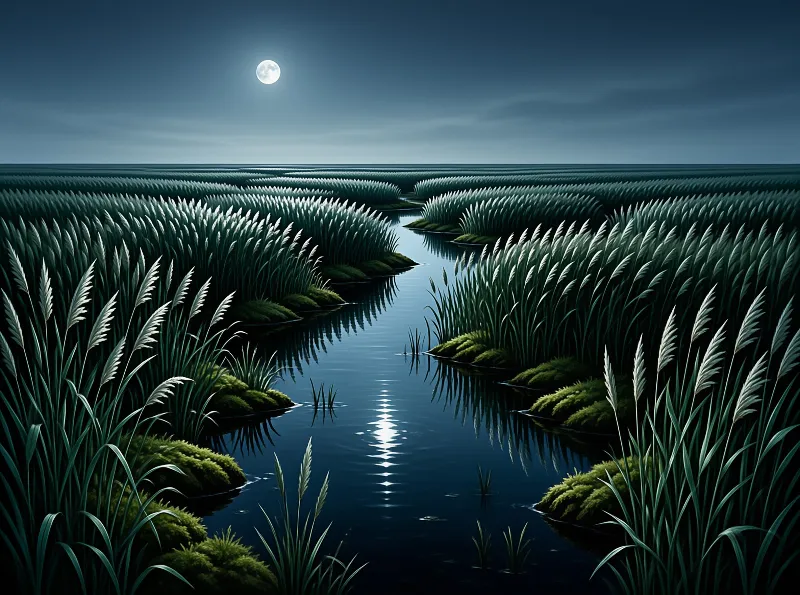Tall green reeds line the banks of a dark water channel reflecting the glow of a bright full moon in the night sky.