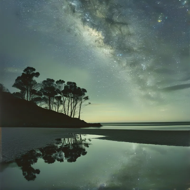 Silhouetted conifers line a shoreline next to still water, capturing the reflection of the arching galaxy and stars.