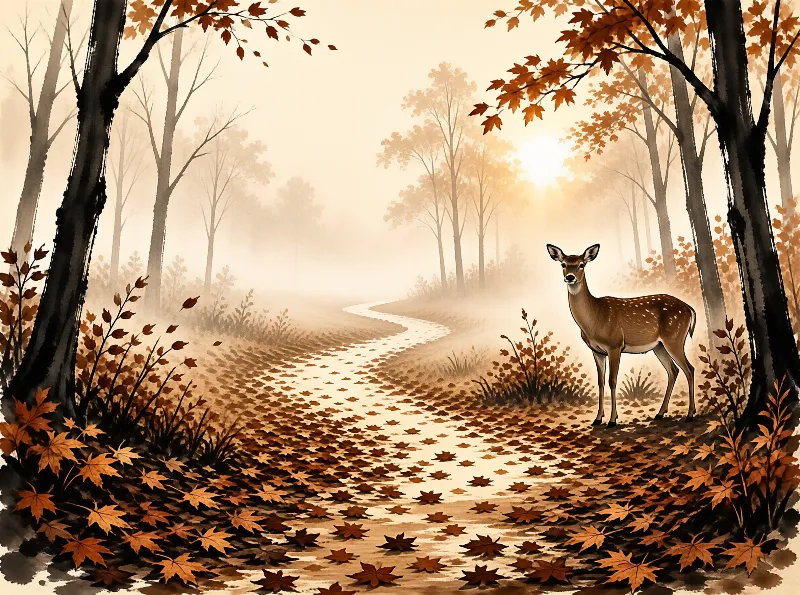 A brown spotted doe stands alert on the right side of a dirt road covered in fallen orange leaves while soft fog rolls through the trees in the background illuminated by warm sunlight filtering through the branches.