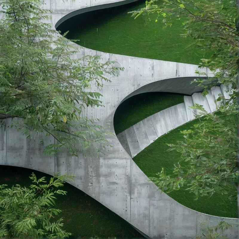 Grey concrete arches wind through a landscape of bright green grass and leafy trees under soft diffuse daylight.