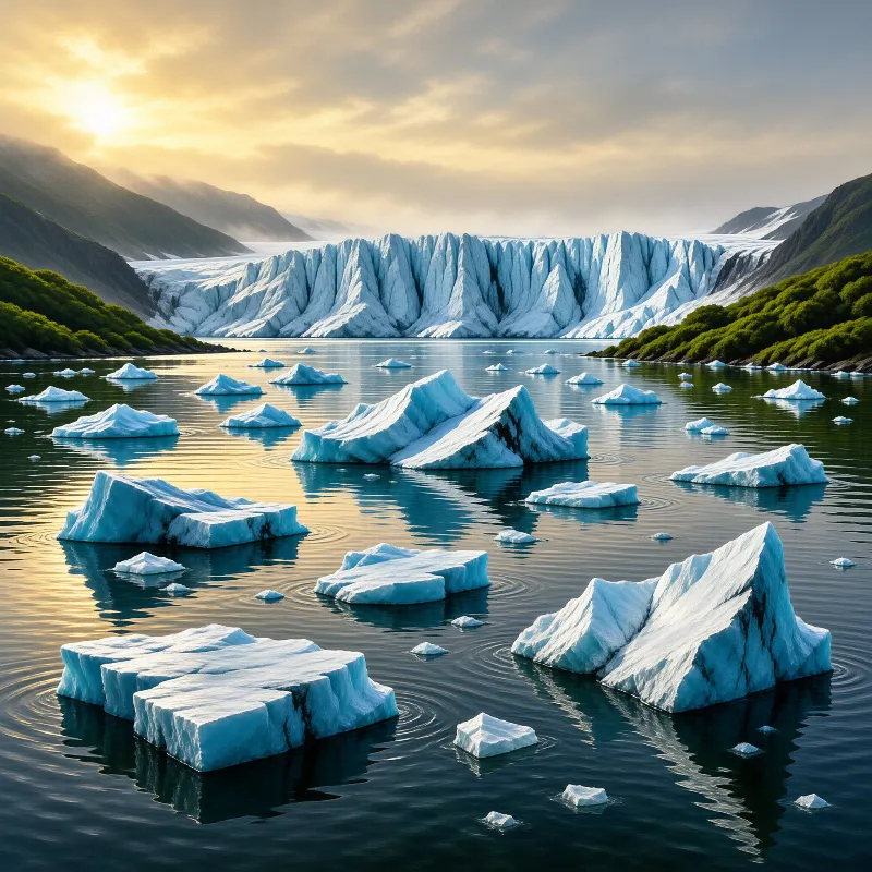 Chunks of blue-white ice drift on calm water before a towering cracked wall backed by green hills and a bright sky.