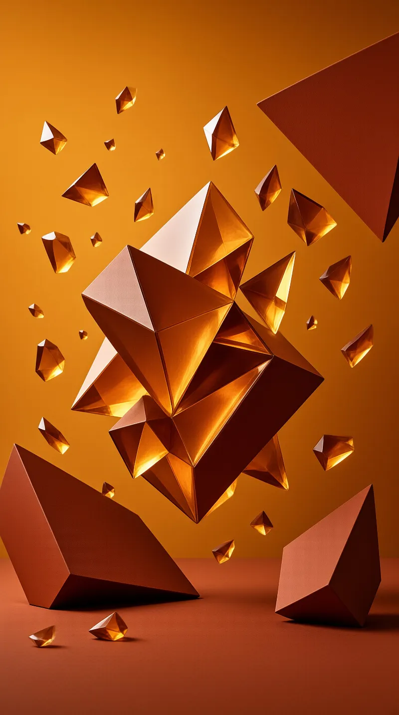 A central cluster of golden geometric shapes hovers in an orange void, surrounded by smaller floating fragments.