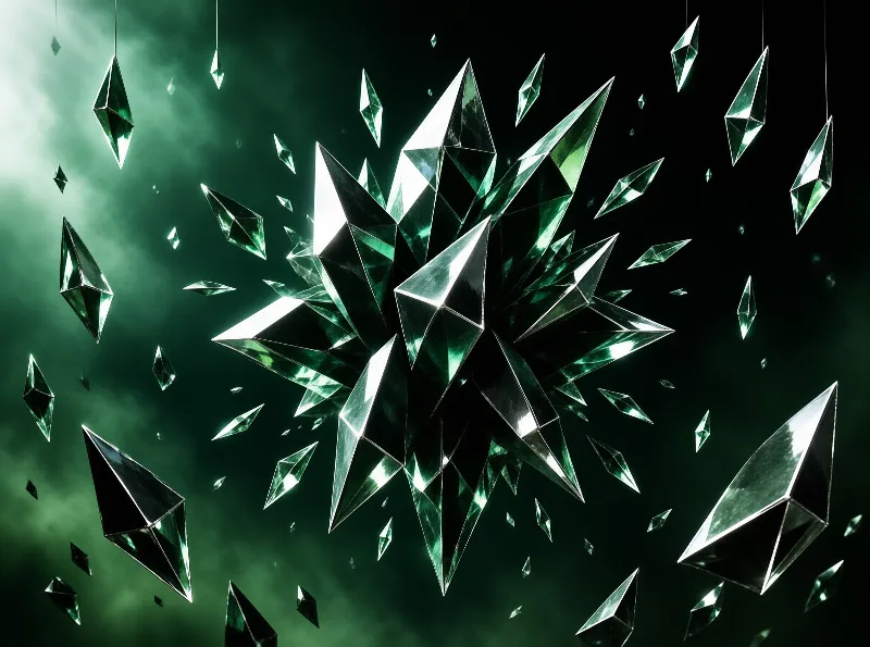 A jagged green geometric structure explodes into smaller fragments against a dark, smoky atmosphere with bright highlights.