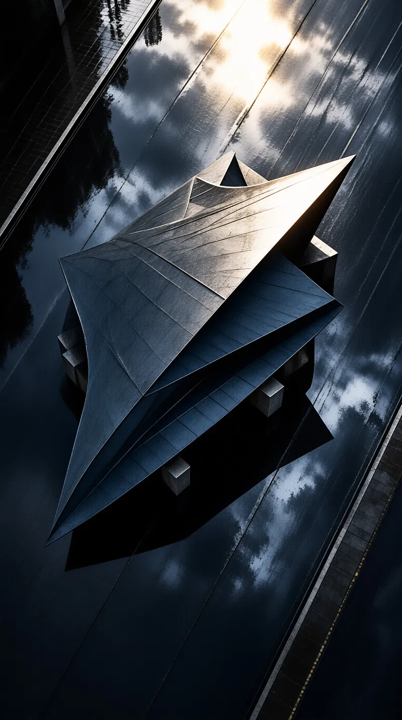 Sharp angular metallic pavilion rests over still dark water mirroring the cloudy golden hour sky and distant treeline on the left side.
