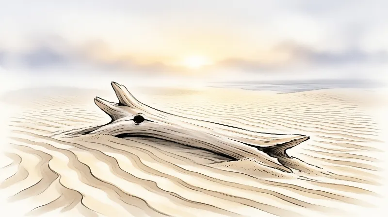 A weathered driftwood log is half buried in pale beach sand, with a soft low sun shining over the far sea horizon.