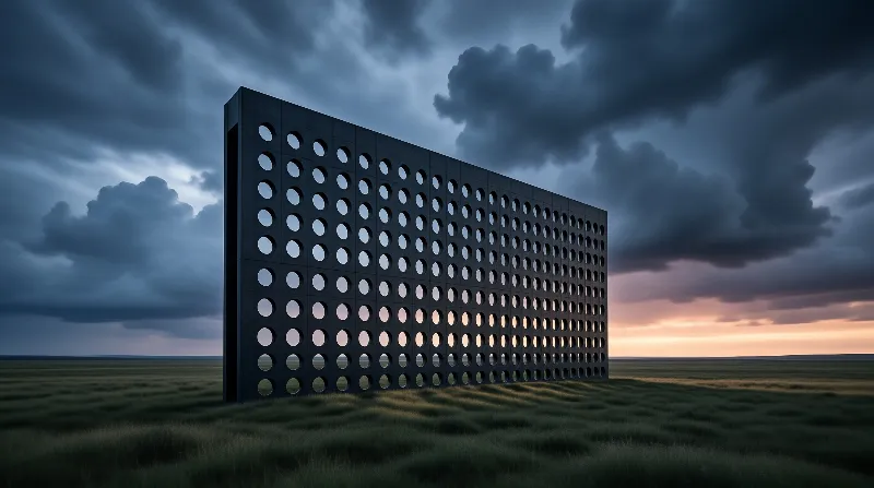 A dark barrier with circular holes stands in a grassy plain as clouds turn orange near the horizon.