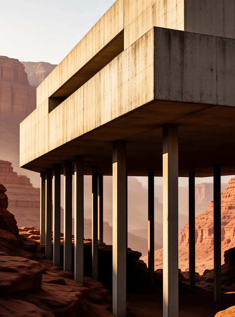 Slender concrete columns support an overhang above red desert cliffs illuminated by warm golden hour light