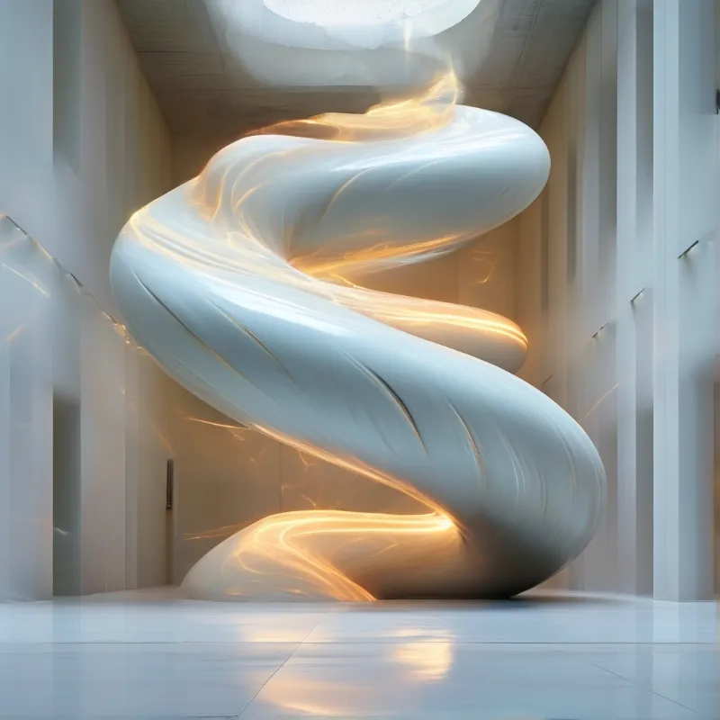 A large smooth white twisted ribbon sculpture spirals in a bright minimalist gallery, glowing with warm golden internal light
