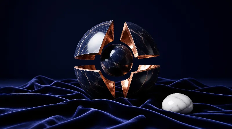 A cracked dark orb with gold veins sits atop wavy blue silk fabric accompanied by a smaller white marble ball.