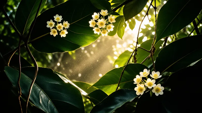 Small white flowers with yellow centers grow in clusters among dark green leaves as sunlight creates soft bokeh.