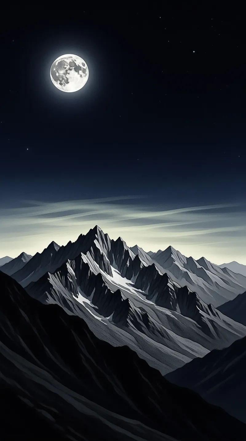 Rugged mountains rise against a dark sky while a bright moon shines in the corner illuminating the snowy ridges.