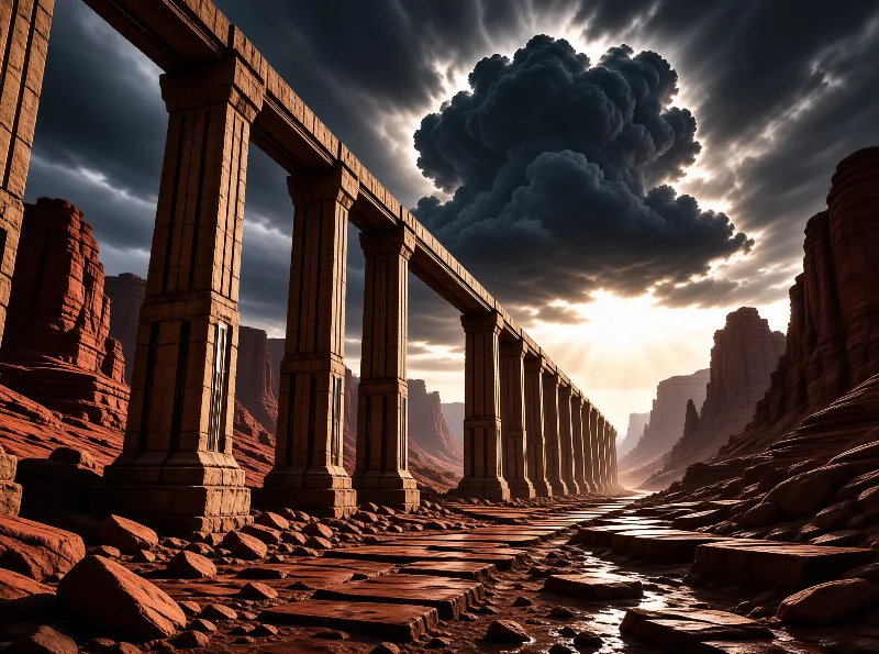Ancient stone pillars march across a red rock canyon while sunlight breaks through dark clouds.