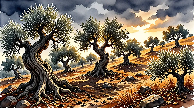 Watercolor painted gnarled olive trees stand on rocky sunlit slopes under dramatic sunset and storm cloud skies.