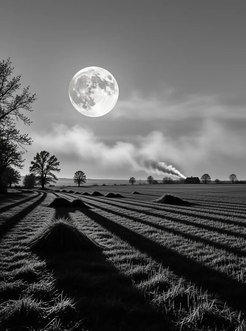 A bright full moon hangs above a dark rural field with rows of hay stacks and a distant building emitting smoke.