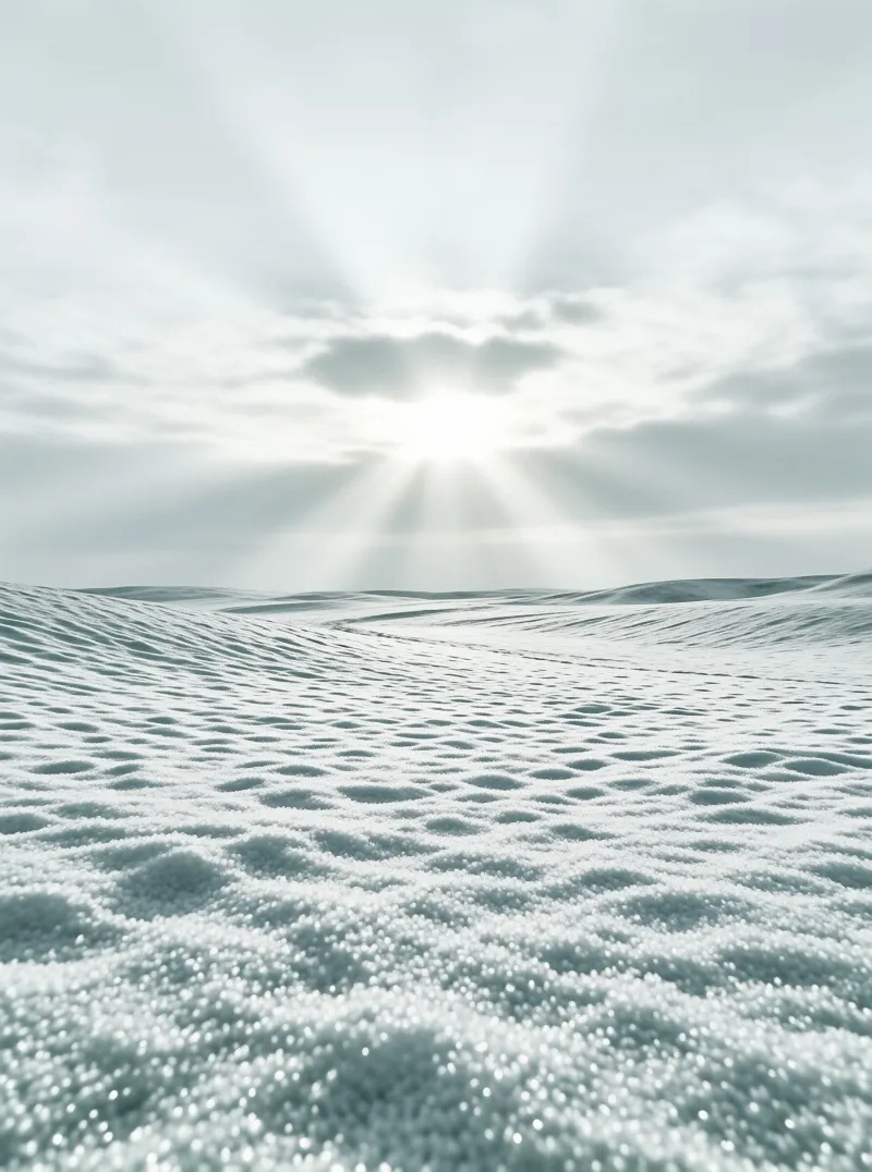 A vast white salt flat stretches towards the horizon while bright sunbeams cut through the grey clouds above.