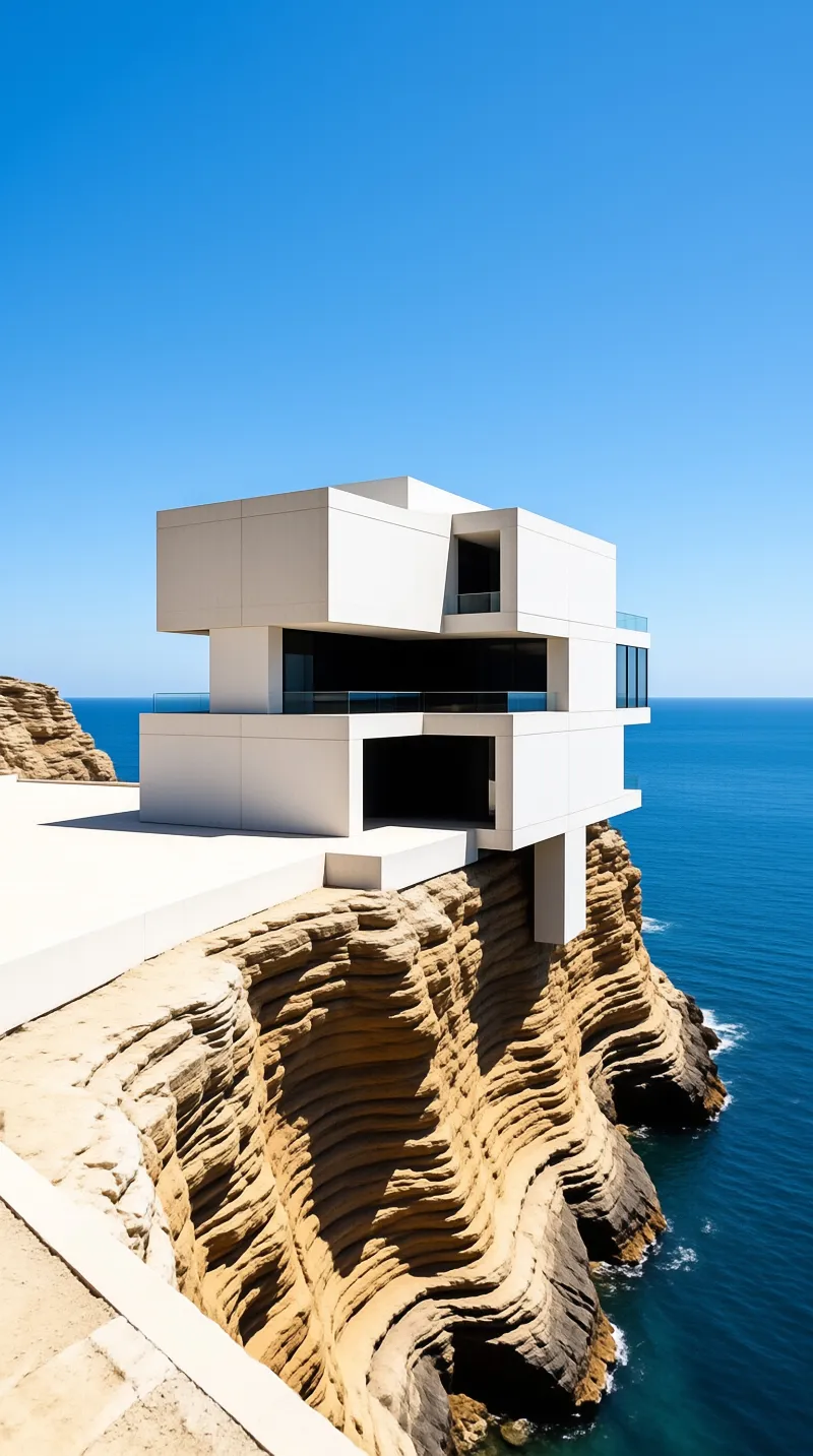 A boxy white seaside house with glass railings perched on eroded sandstone cliffs above a deep blue calm sea.