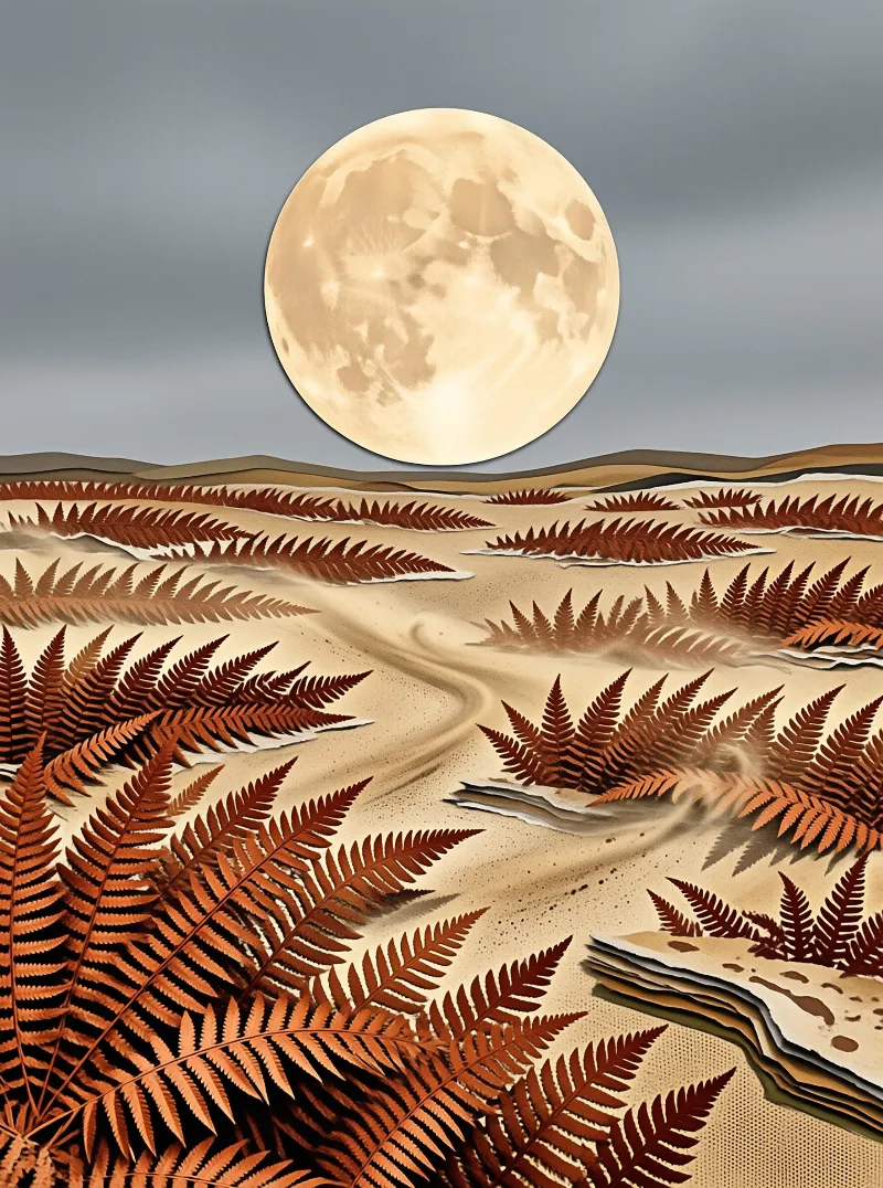 A massive pale moon hangs in a grey sky above a surreal landscape of terraced hills covered in brown fern fronds and sand.