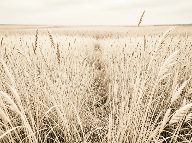 A vast expanse of ripe grain stalks swaying gently across a flat landscape bathed in warm monochromatic tones.