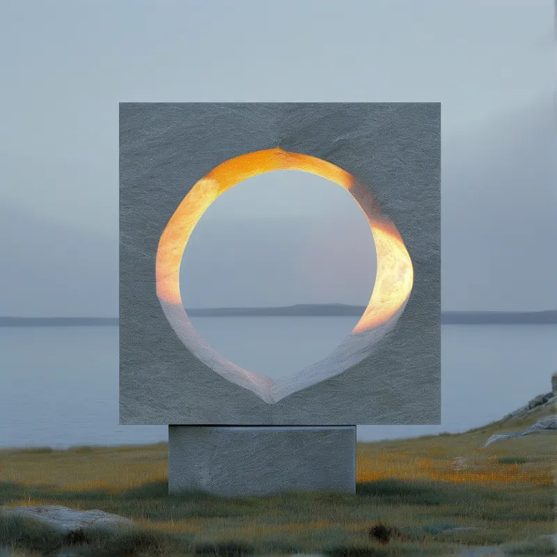 Grey square stone monument with a glowing ring stands on grassy shore by a still lake in soft pale dawn light
