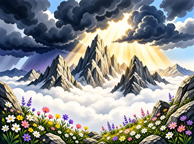 Jagged summits pierce a bright cloud bank as sunbeams burst through dark storm sky above alpine wildflowers
