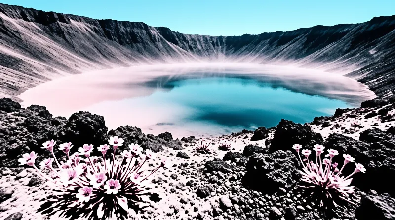 Surreal turquoise water fills a dark caldera as pink mist rises near foreground flowers