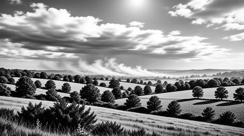 Black and white landscape of rolling fields dotted with trees under a cloudy sky with sunlight breaking through mist