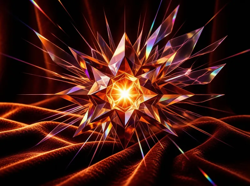 A luminous geometric crystal emits bright beams of light while hovering above deep orange ruffled fabric.